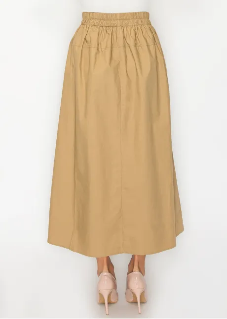 Camel Cotton Midi Skirt, Drawstring Waist