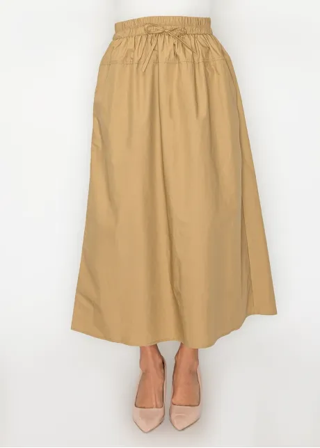 Camel Cotton Midi Skirt, Drawstring Waist