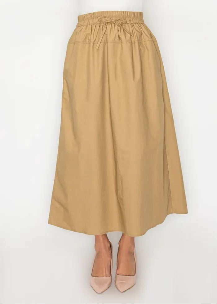 Camel Cotton Midi Skirt, Drawstring Waist