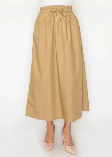 Camel Cotton Midi Skirt, Drawstring Waist