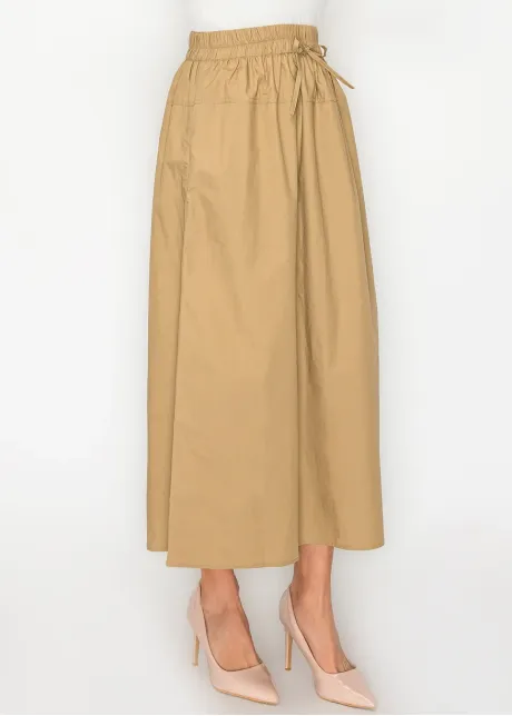 Camel Cotton Midi Skirt, Drawstring Waist