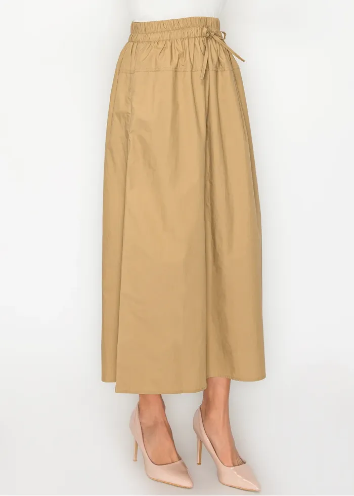 Camel Cotton Midi Skirt, Drawstring Waist