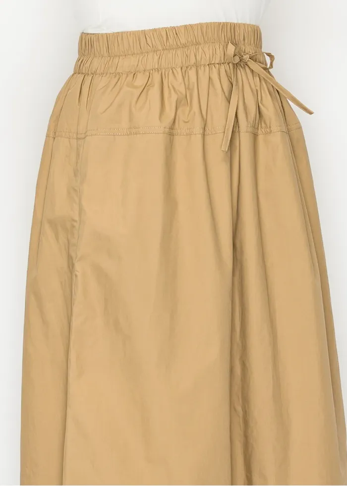 Camel Cotton Midi Skirt, Drawstring Waist
