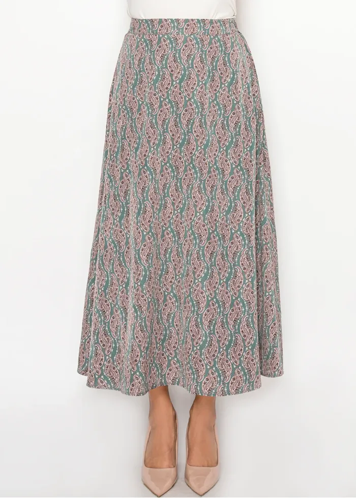 Sage Paisley Modest A-Line Skirt