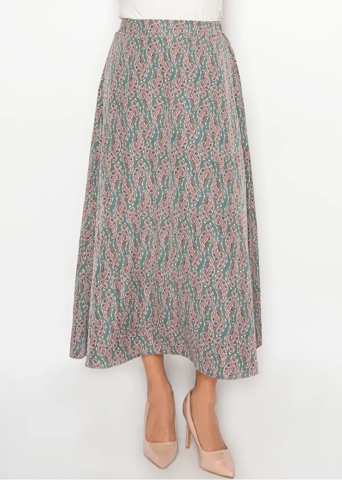 Sage Paisley Modest A-Line Skirt