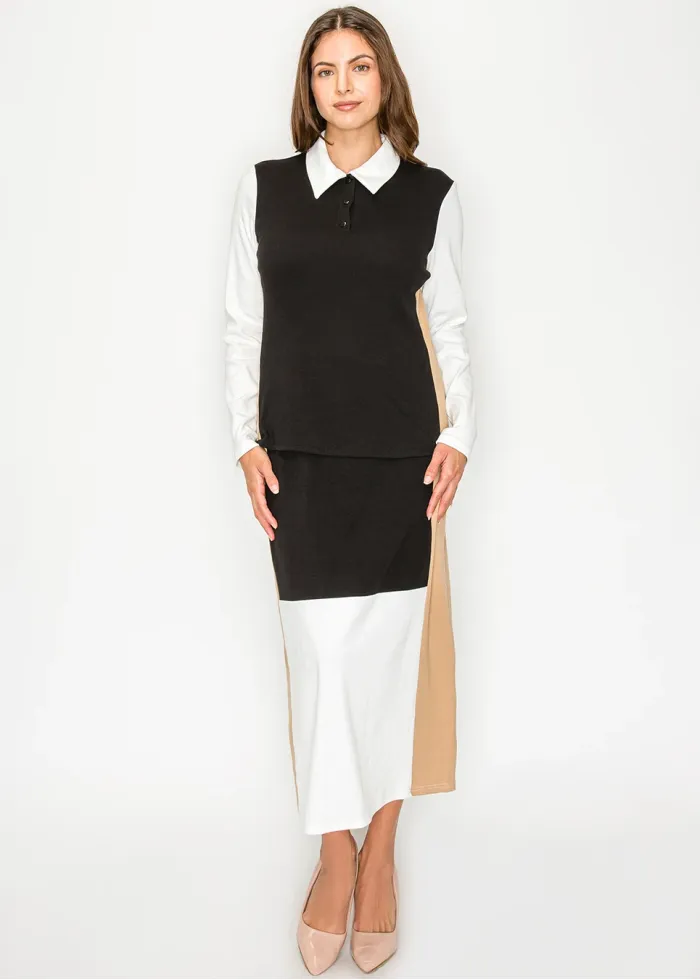 Colorblock Skirt in Black White and Camel