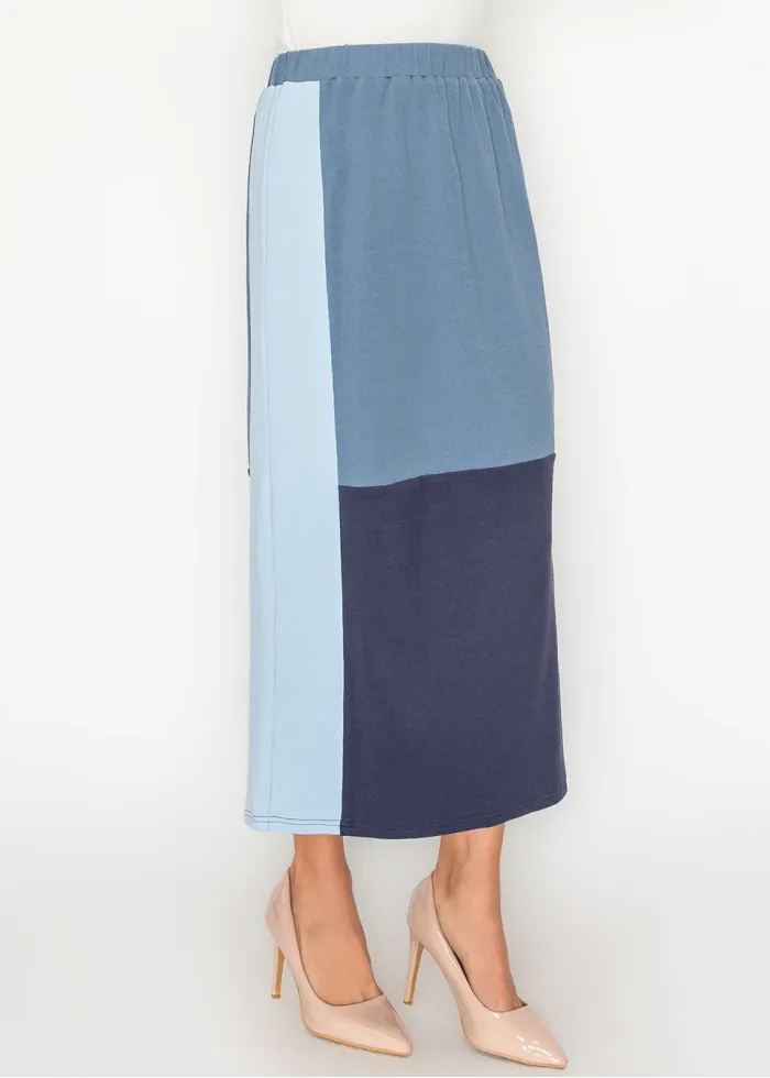 Three-Tone Blue Skirt with Elastic Waist