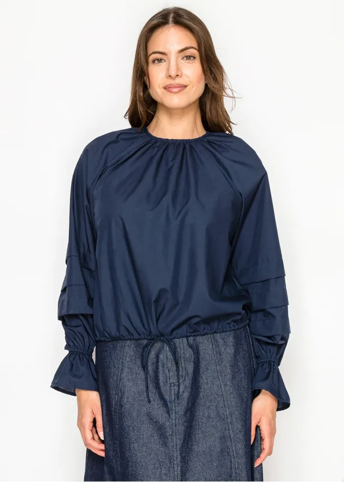 Tiered-Sleeve Blouse in Deep Navy with Tie Waist