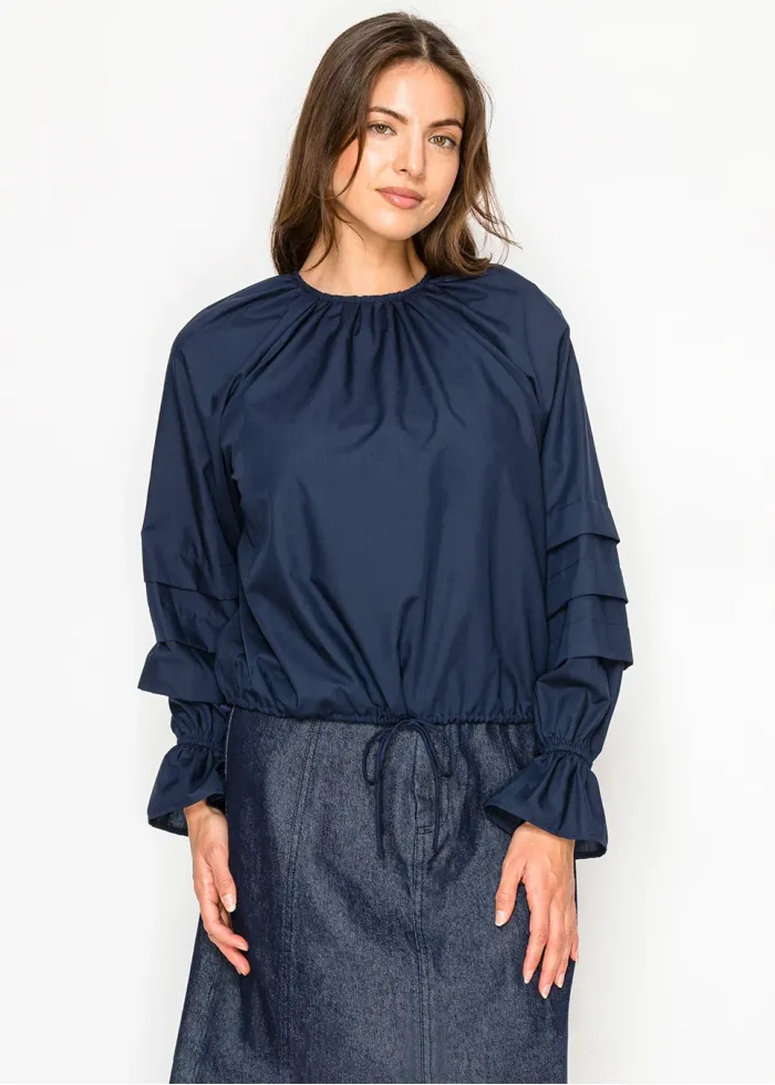 Tiered-Sleeve Blouse in Deep Navy with Tie Waist