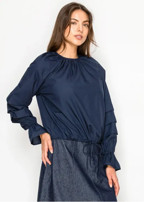 Tiered-Sleeve Blouse in Deep Navy with Tie Waist