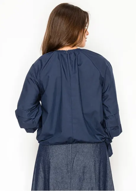 Tiered-Sleeve Blouse in Deep Navy with Tie Waist