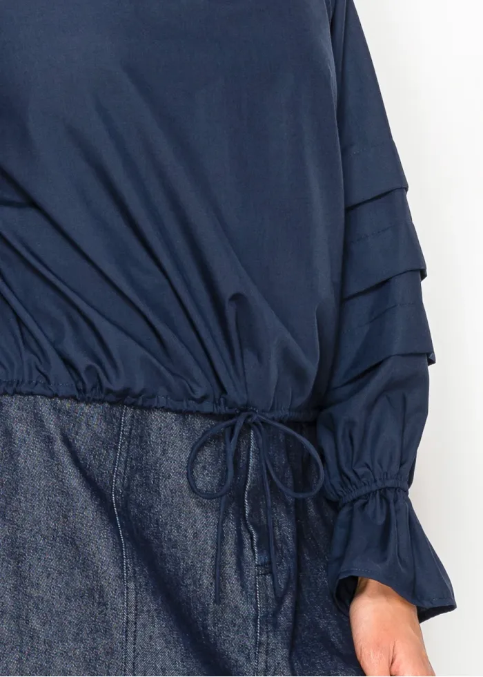 Tiered-Sleeve Blouse in Deep Navy with Tie Waist