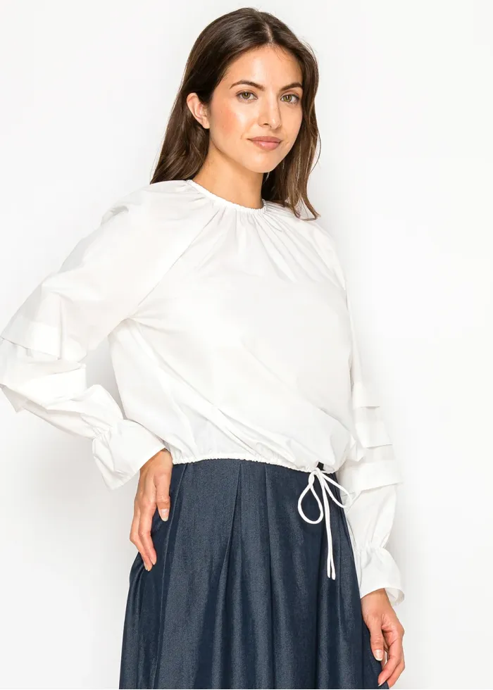 Tiered-Sleeve Blouse with Elasticated Hem — White