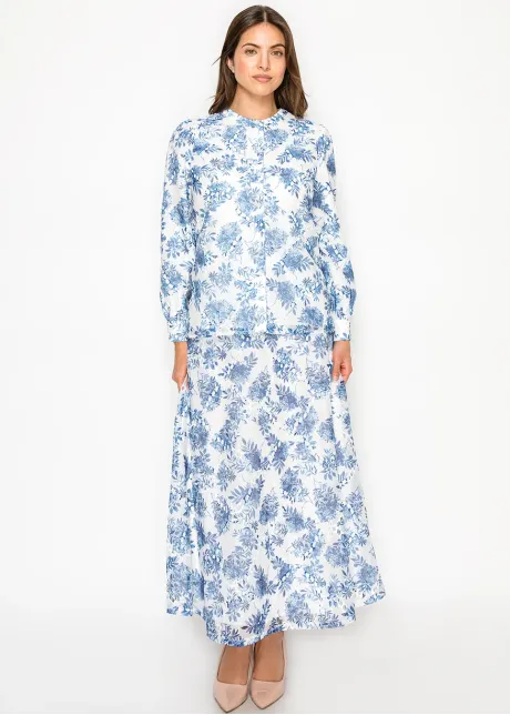 White Blouse with Blue Watercolor Floral Print