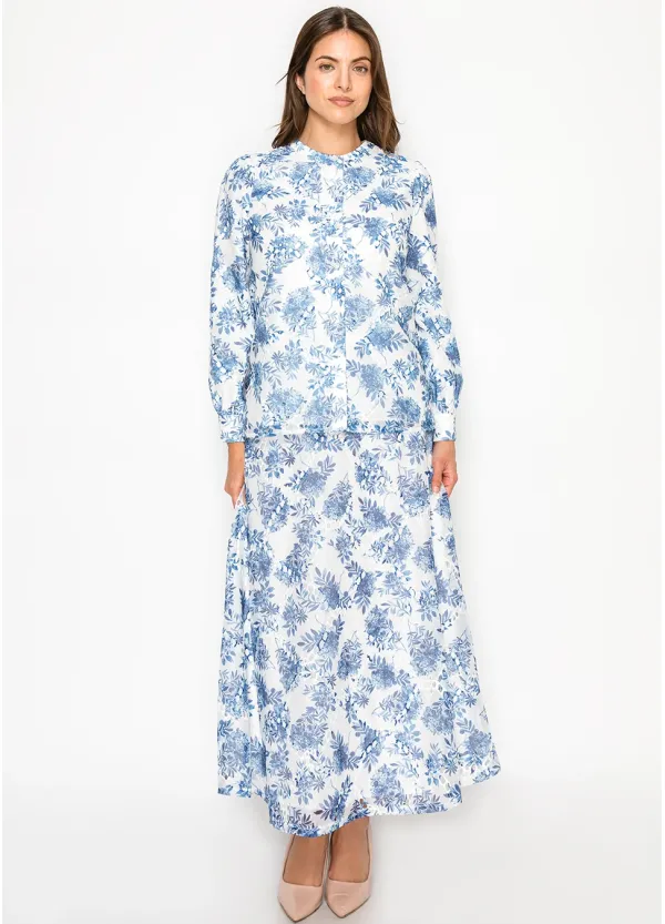 Blue Floral Blouse and A-Line Skirt Set