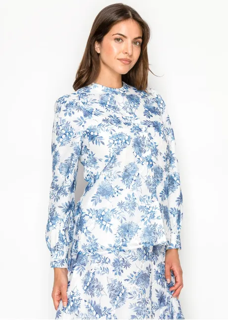 White Blouse with Blue Watercolor Floral Print