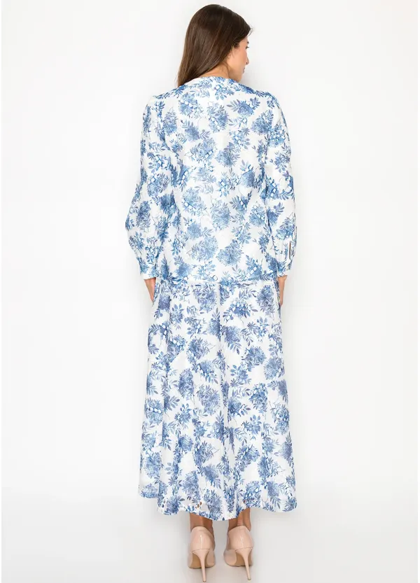 Blue Floral Blouse and A-Line Skirt Set