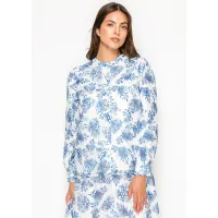 White Blouse with Blue Watercolor Floral Print