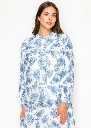 White Blouse with Blue Watercolor Floral Print