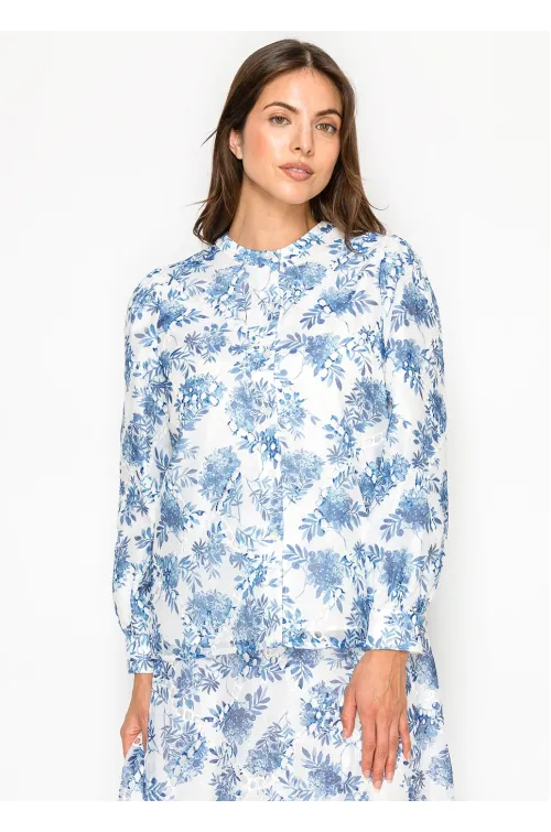 White Blouse with Blue Watercolor Floral Print