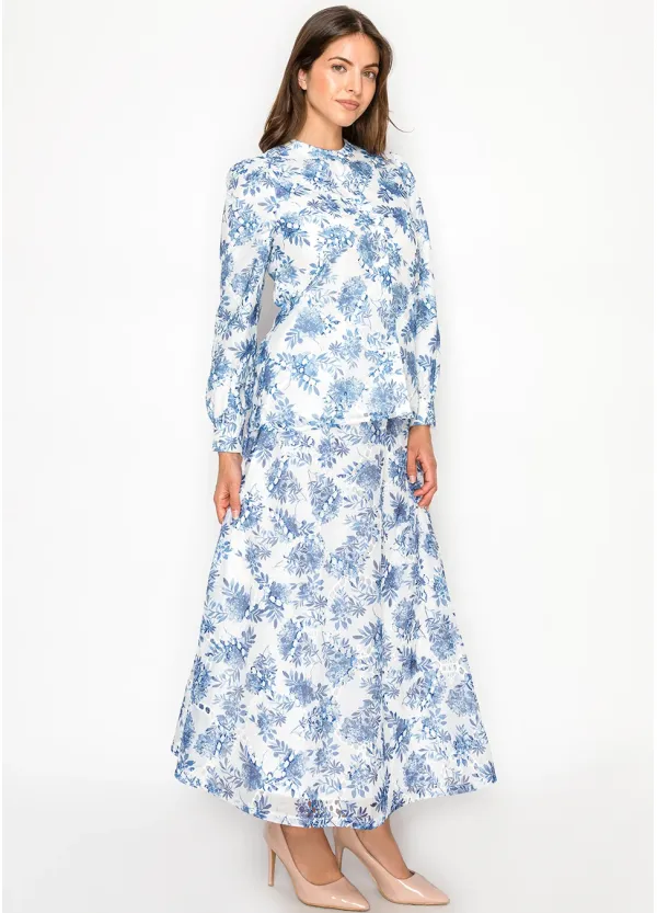 Blue Floral Blouse and A-Line Skirt Set