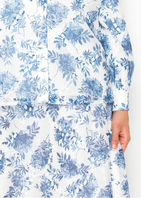 White Blouse with Blue Watercolor Floral Print