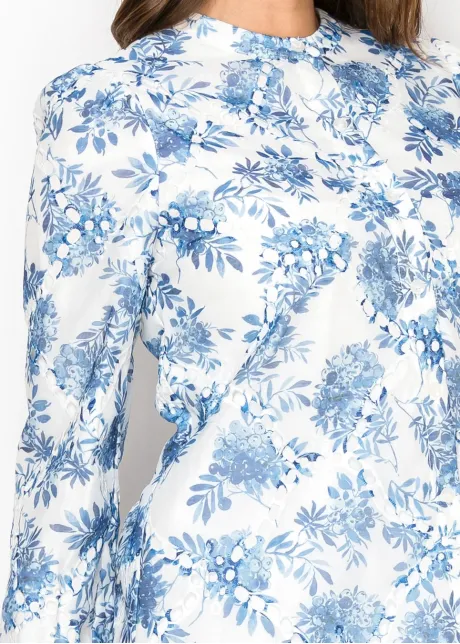 White Blouse with Blue Watercolor Floral Print