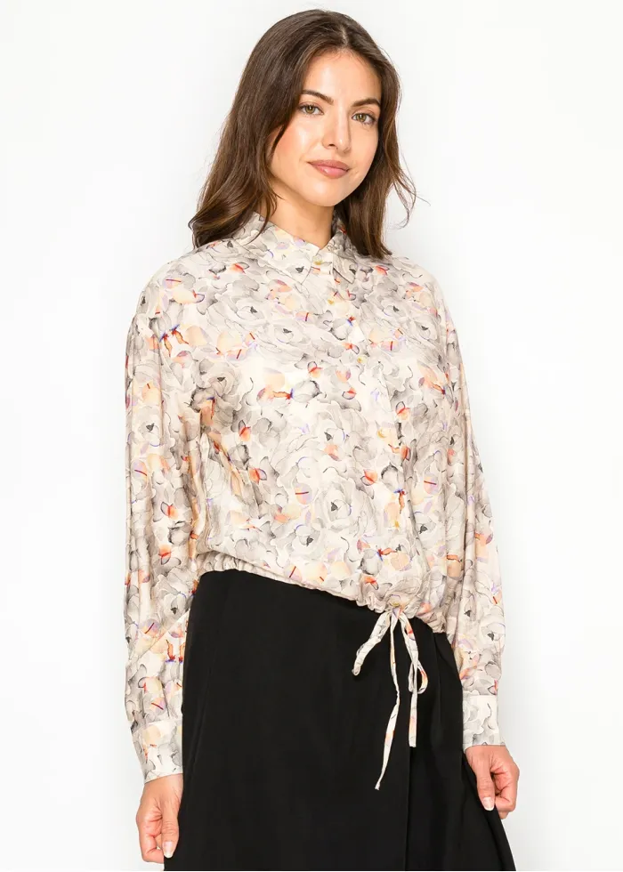 Beige Floral Button Front Blouse
