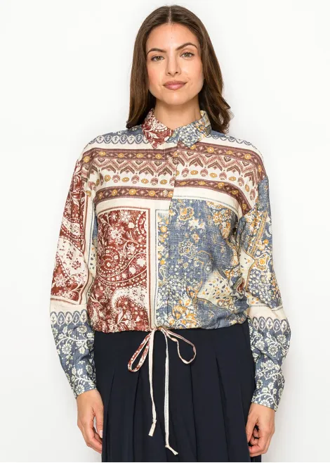 Patchwork Print Button Blouse with Tie Hem
