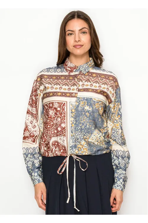 Patchwork Print Button Blouse with Tie Hem