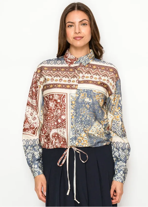 Patchwork Print Button Blouse with Tie Hem