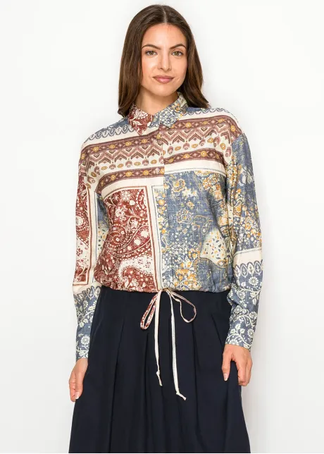 Patchwork Print Button Blouse with Tie Hem