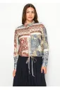 Patchwork Print Button Blouse with Tie Hem