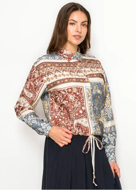 Patchwork Print Button Blouse with Tie Hem