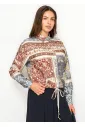 Patchwork Print Button Blouse with Tie Hem