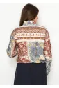 Patchwork Print Button Blouse with Tie Hem