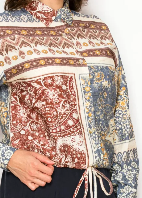 Patchwork Print Button Blouse with Tie Hem