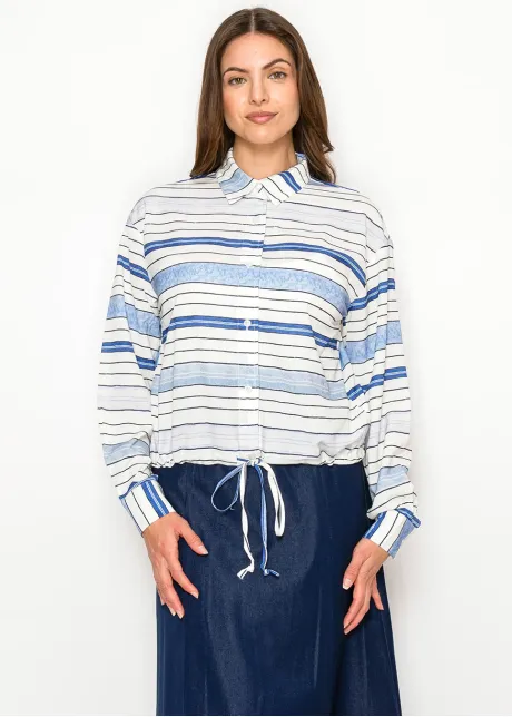 Striped Drawstring Hem Blouse – Blue