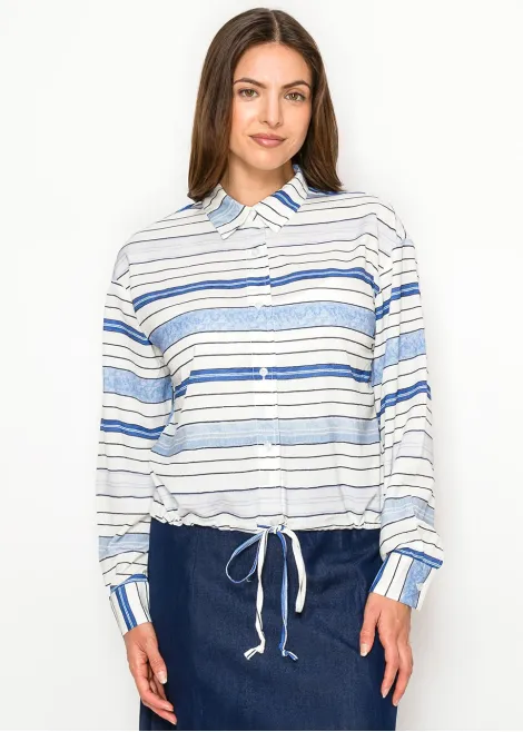 Striped Drawstring Hem Blouse – Blue
