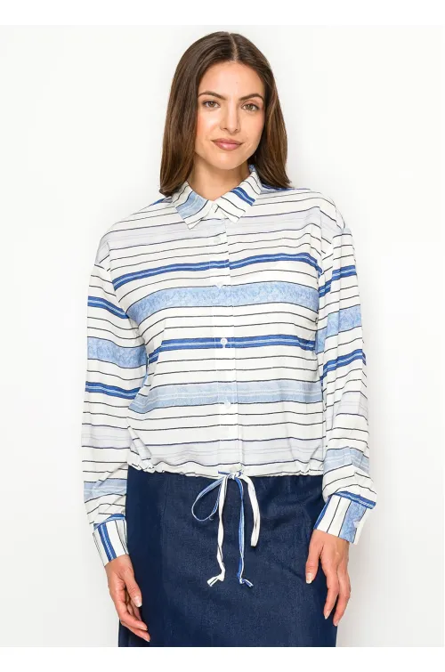 Striped Drawstring Hem Blouse – Blue