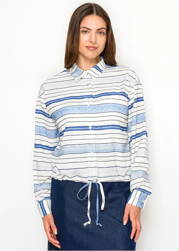 Striped Drawstring Hem Blouse – Blue