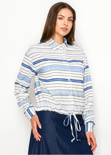 Striped Drawstring Hem Blouse – Blue
