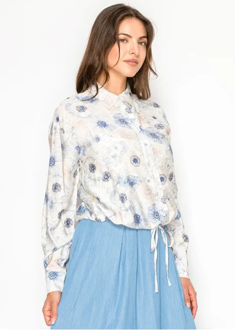 Floral Button Blouse with Drawstring Waist