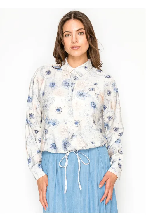 Floral Button Blouse with Drawstring Waist