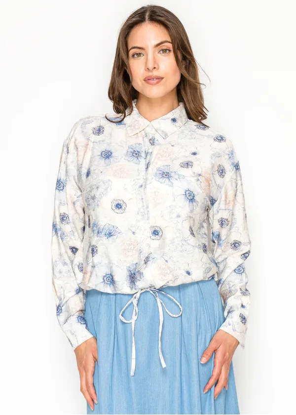 Floral Button Blouse with Drawstring Waist