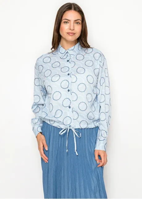 Blue Blouse with Chain Print and Tie Waist
