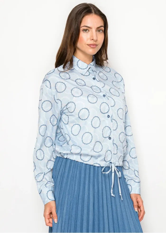 Blue Blouse with Chain Print and Tie Waist