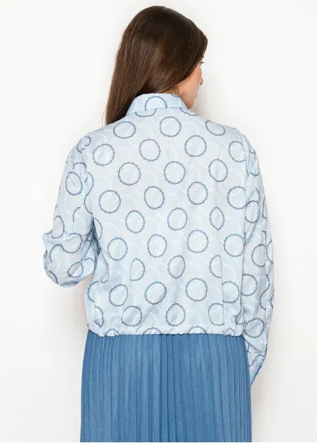 Blue Blouse with Chain Print and Tie Waist