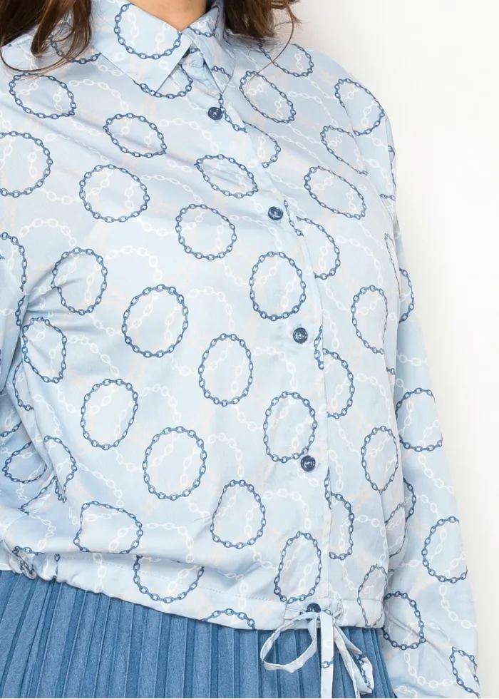 Blue Blouse with Chain Print and Tie Waist