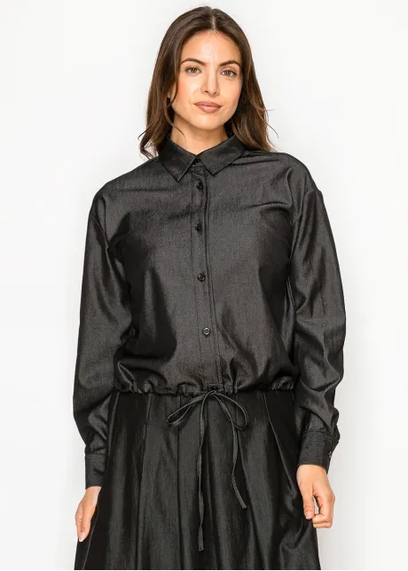 Shimmer Black Collared Denim Shirt Blouse